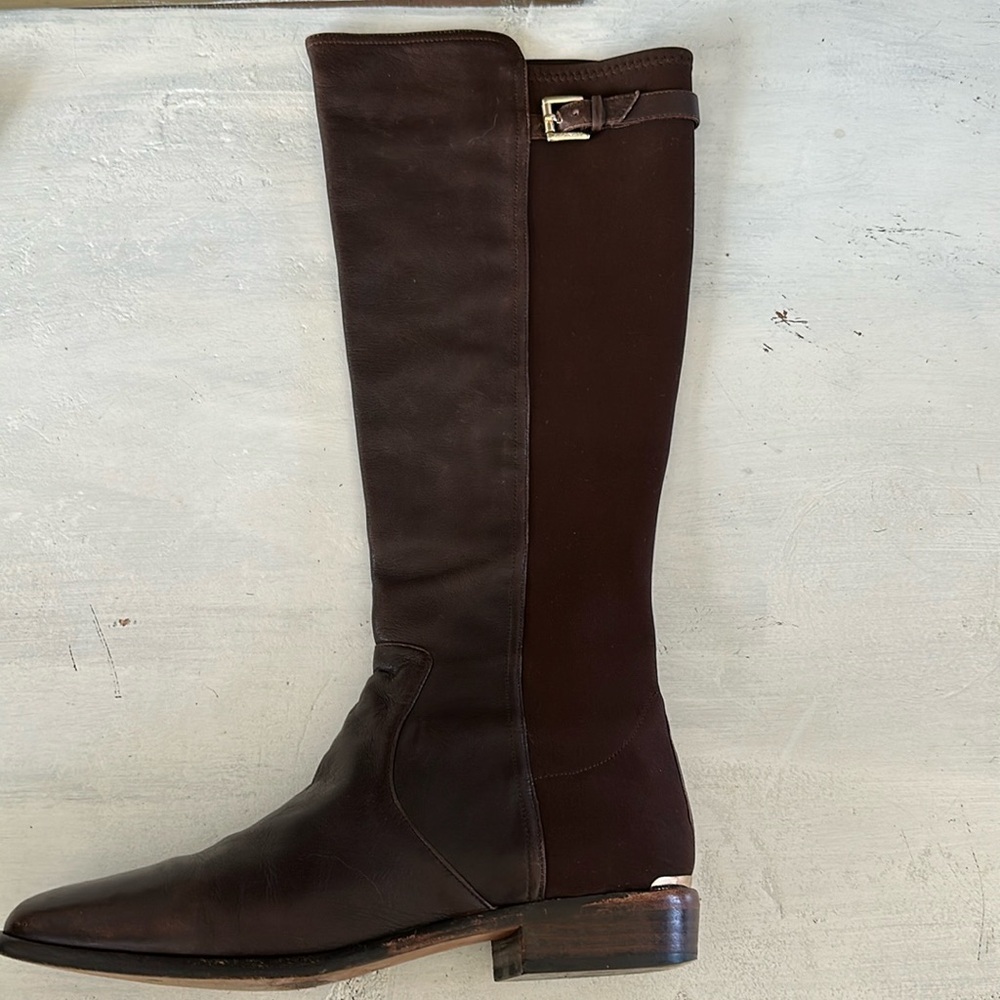Coach Lilac Tall Boots Brown Leather Fabric Stretch Panel Size 10 Buckle Classy - Picture 4 of 16